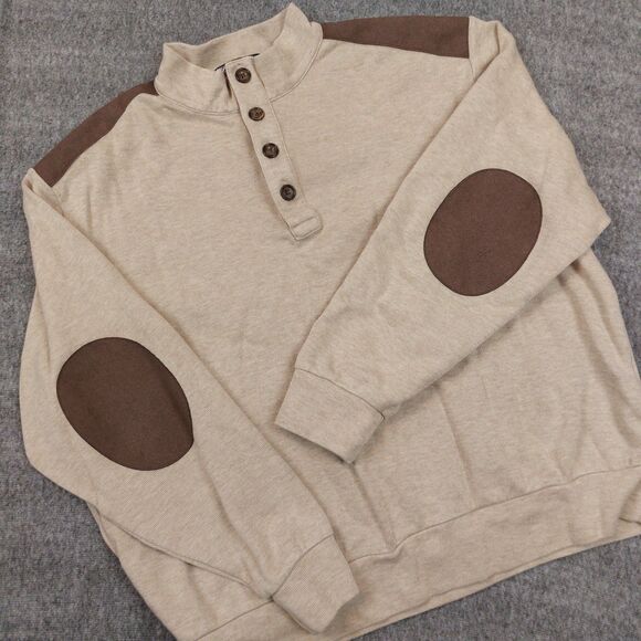 Daniel Cremieux Mens XL 1/4 Button Sweater Tan With Brown Elbow Patch Casual - Picture 1 of 9